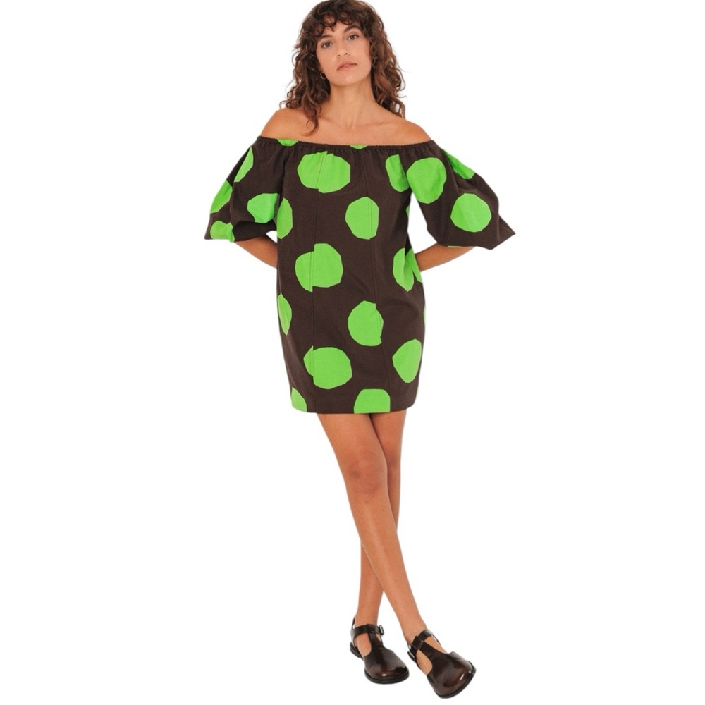 SKFK Silbane Brown Green Circle Print On or Off Shoulder Mini Dress